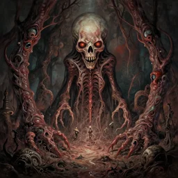 lovecraftian grotesque fleshy hellscape artwork by Lisa Frank