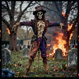 kodak portra 4 0 0, wetplate, muted colours, fire, 1 9 6 0 s award winning colour portrait of a beautiful and hyperdetailed spooky scarecrow very long feet in an old cemetery on fire trees in 1 8 8 0 s london by saul leiter, insanely detailed, insanely intricate, depth of field, motion blur, vivid colours, blueberry