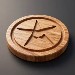 A high octane 3D render of a round wooden coaster with a pentagram carved into the surface, Unreal Engine 5, volumetric lighting