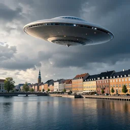 a flying saucer over copenhagen. dramatic lighting. beautiful scenery. cloudscape. aliens. dramatic lighting, lake, ultra clear detailed. by stanley artgerm lau, greg rutkowski, thomas kindkade