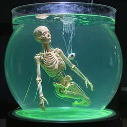 a human without skin floating in a circular glass tank, nerves caress the bones of the being, one eye, suspended, green liquid, attached to tubes and cables, hyper real