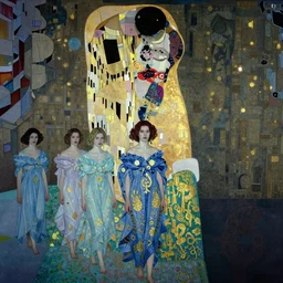 procession of women in a blue and gold haunted liminal abandoned temple, film still by edward hopper, by gottfried helnwein, by klimt, art noveau, highly detailed, strong lights, liminal, eerie, bright pastel colors,