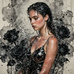 fierce wet fashion model, splash, sweat skin, liquid metal, effervescent, black roses, poster art, high detail, intricate oil painting and washed watercolor, deep mood, hyperrealism, 3 d, in the style of irakli nadar,