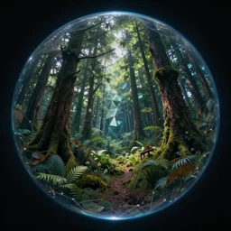 a whole enchancted mystical and wonderful forest inside a perfect sphere with geometric beautiful lighting and extreme detail