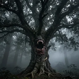 dark forest shrouded in mist, a tree with bloody fanged mouth, forbearing, oppressive, epic composition, digital art, concept art, 4 k, highly detailed