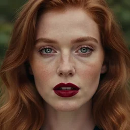 close up hald face portrait photograph of a redhead woman with stars in her irises, deep red lipstick and freckles. Wavy long hair. she looks directly at the camera. Slightly open mouth, face covers half of the frame, with a park visible in the background. 135mm nikon. Intricate. Very detailed 8k. Sharp. Cinematic post-processing. Award winning portrait photography