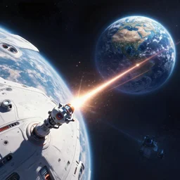 small kinetic lance striking the force field of a futuristic spaceship, in orbit of a terra compatible world, space battle, lasers