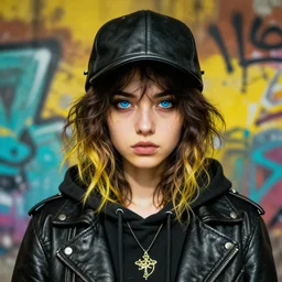 highly detailed portrait of a sewer punk young adult lady, blue eyes, leather hoody, hat, wavy hair by atey ghailan, by greg rutkowski, by greg, tocchini, by james gilleard, by joe fenton, by kaethe butcher, gradient yellow, black, brown and cyan color scheme, grunge aesthetic!!! ( ( graffiti tag street background ) )