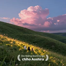 a beautiful hilly landscape. little creatures sitting on the grass. evening sky. pink puffy cotton candy clouds. evening light. chiho Aoshima.