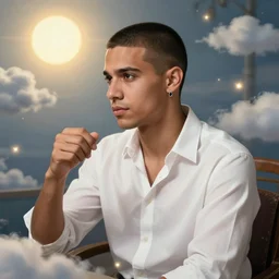 portrait of a ( ( ( un cafe ) ) ), ( ( bellaco guapo joven cubano macho pelo buzzed camisa blanca abierta y con un arete de diamante ) ), nubes y magia, el sol, concept character, by cadmus and greg rutowski and mucha and bierstadt and remington, trending on artstation