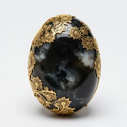 a smooth, black, perfectly ellipsoidal onyx gemstone with a mottled white pattern. wrapped around its exterior, encompassing its equator and both poles, is a complex and layered fractal filigree of gold metal.