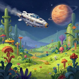 a spaceship on a wild landscape, full of alien plants and flowers, on a alien planet, from a point and click 2 d graphic adventure game, art inspired by thomas kinkade