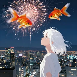 firework and goldfish in the sky, white hair girl, by kyoto animation, insanely detailed. instagram photo, kodak portra. by wlop, ilya kuvshinov, krenz cushart, greg rutkowski, pixiv. zbrush sculpt, octane, maya, houdini, vfx. huge cityscape. cinematic dramatic atmosphere, sharp focus, volumetric lighting