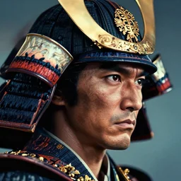 a profile picture of powerful japanese samurai, detailed face, portrait, face symmetry, character concept portrait by moebius and laurie greasley, profile picture, 8 k, cinematic color grading