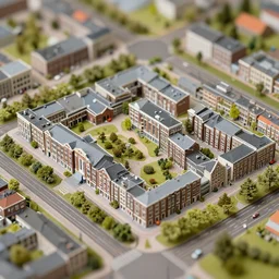 a miniature diorama of tu delft campus in delft, top down view, handmade model, tilt - shift photography