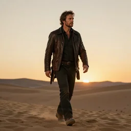 Picture of a wanderer in black and brown leather clothes, wandering the desert landscape, portrayed by Bob Odenkirk, beautiful, walking to the sunset, realistic, low fantasy, trending on artstation, artstationHD, artstationHQ, cgsociety