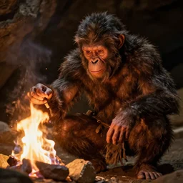 caveman discovering fire, artstationhd, trending on artstation, detailed fur, beautiful cinematic, prehistoric, homosapien, paleo art, cave ape, old world human, detailed textures, realistic hair, award winning artwork, fur and skin