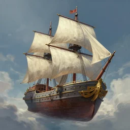 a painting of a ship floating in the air, a detailed matte painting by rhads, cgsociety, fantasy art, 2 d game art, concept art, artstation hq