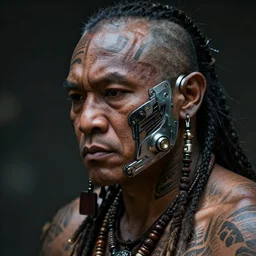 dark - skinned tribal warrior, cybernetic enhancements, tribal tattoos, close up