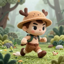 a wide angle action portrait of a chibbi african hunter running through the jungle on a foggy day, by goro fujita, mark ryden and lisa frank, felt texture, volumetric wool felting, radiant light, amigurumi animals flying around, macro photography, miniature world