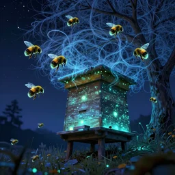 bioluminescent bumblebees buzz around a radioactive hive that sparkles and pulsates in an ethereal wispy tree under a starry night sky. seb mckinnon. unreal engine. hdr