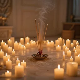 a room is lit by dozens of flickering candles, and the air is thick with incense. highly detailed, digital photo, HDRI, by christopher bretz and kael ngu, vivid colors, high contrast, 8k resolution, intricate, photorealistic, smooth