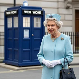 Queen Elizabeth II standing on the street next to the Tardis, sci-fi