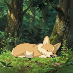 corgi sleeping in a forest, anime by hayao miyazaki, detailed, beautiful, peaceful