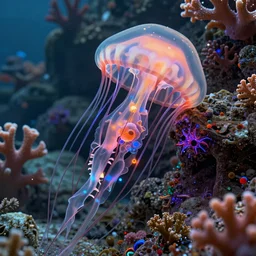 Skeleton of a jellyfish being reclaimed by coral and rocks, bioluminescent, intricate digital artwork, photorealistic octane 3D render, vibrant colors, eye catching