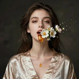 portrait of a girl, in a silk robe, honey dripping down her top to bottom, flowers erupting out of her mouth, hyperrealistic