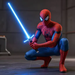 spider - man fighting with a blue lightsaber, photorealistic, unreal engine