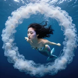 head fish Chinese woman body surrealistic mermaid, half fish half Chinese woman ,  fish head, diving in the air rounded by jelly clouds made by national geographic underwater photographer 4k, 8k,