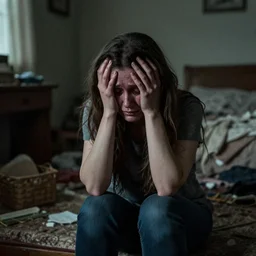a woman with adhd - ip weeps in her messy house. her head in her hands. folk horror. detailed