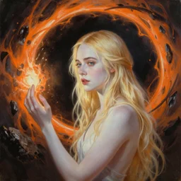 oil Painting of Elle Fanning in Dark Souls opening an orange Oblivion portal, long blonde hair, delicate, pale milky white porcelain skin. 8K. Extremely detailed.