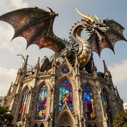collosus gothic Stone Dragon with the body of stained glass cathedral baroque architecture detailed phisiology yugioh anime collosal monolithic high definition ultra realistic 8k octane render on artstation golden hour detailed concept art, Eddie Mendoza, Dan Mumford, Craig Mullins