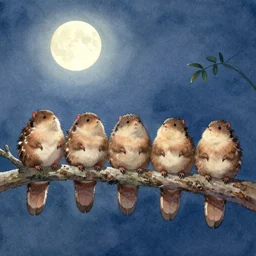 a row of fat Panurus Biarmicus sitting on a branch in the moonlight, watercolor painting