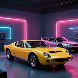 designed by  Giorgetto Giugiaro stylized poser of a single 1973 Miura Citroen DM BMW M1 (McLaren F1) DeLorean, thick neon lights, ektachrome photograph, volumetric lighting, f8 aperture, cinematic Eastman 5384 film