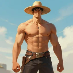 A tall muscular man wearing a straw hat, digital painting