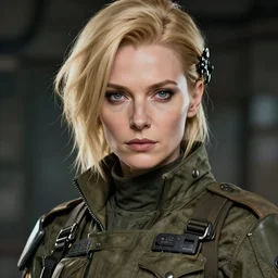 A beautiful older dieselpunk woman in military fatigues || VERY VERY ANIME!!!, fine-face, blonde hair, realistic shaded Perfect face, fine details. Anime. realistic shaded lighting poster by Ilya Kuvshinov katsuhiro otomo ghost-in-the-shell, magali villeneuve, artgerm, Jeremy Lipkin and Michael Garmash and Rob Rey