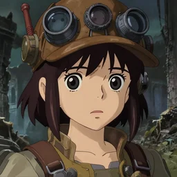 a film still of a cute big eyes sad dieselpunk archeologist girl, finely detailed features, closeup at the faces, dramatic cinematic, at ruins city, gapmoe yandere grimdark, trending on pixiv fanbox, painted by greg rutkowski makoto shinkai takashi takeuchi craig mullins, alphonse mucha, studio ghibli, pixiv