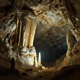 stalactite almost touching a stalagmite in a large circular underground cavern, cinematic light, concept art, illustration, wayne reynolds
