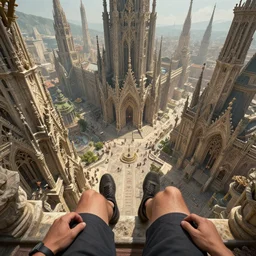 FPS pov. First person perspective. Hands and legs in shot. Realm. Sitting on the edge of a tall building within the great fantastical mythical mythological city looking down at the intricate ornate byzantine elven dwarven architecture and streets.  Art by James C. Christensen, James Gurney, Andreas Rocha, Barclay Shaw, Thomas Cole, Antoine Blanchard, Gilbert Williams, Christophe Vacher.