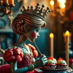 closeup profile portrait of a tin toy fairytale princess wearing a crown eating cakes, nicoletta ceccoli, mark ryden, lostfish, max fleischer, depth of field, detailed and intricate environment, golden hour, 8 k resolution, hyperrealistic, octane render, vivid colors, bright, cheerful, detailed and intricate gothic environment