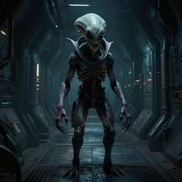 a horrifying alien in a dark spaceship corridor, unreal engine, cinematic