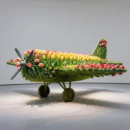 sculpture of a plane made out of tulips, amsterdam show, realistic, 4 k, very detailed