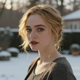 Elle Fanning, head and shoulders masterpiece, in the snow, golden hour, in a garden, artstation, in the style of Art Deco and Edward Hopper