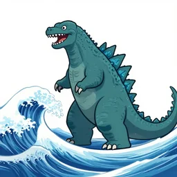 a wave in the shape of Godzilla, cartoon drawing