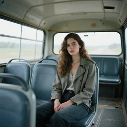 cinestill 5 0 d wide photo portrait of a beautiful woman by adler sitting in a dystopian abandoned bus on a wood, wearing white dress, elegant, highly detailed, pale gteen tonal glossy, soft blur, artstation, sharp focus, head in focus,
