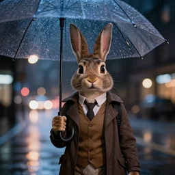 portrait of an humanoid detective rabbit holding an umbrella, rainy night, city lights, sharp, focused photo