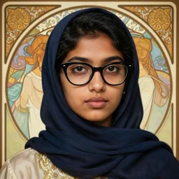hyper realistic young hyderabadi american muslim woman with short black hair round face dusky skin and black cateye glasses by john sargent, alphonse mucha